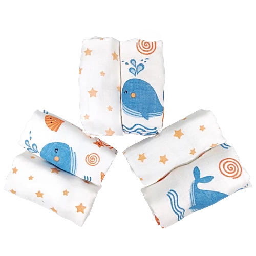 Nuluv Ultra Soft Bamboo Cotton Wash Cloth (Blue Whale) - Pack of 6