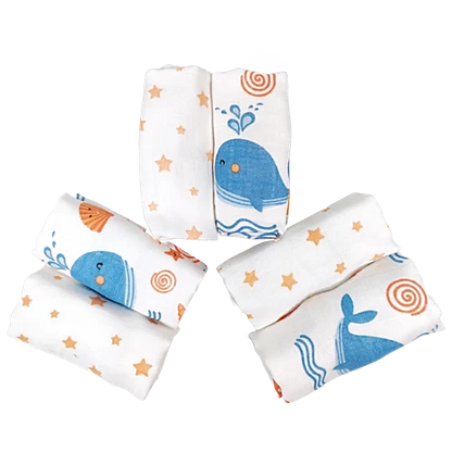 Nuluv Ultra Soft Bamboo Cotton Wash Cloth (Blue Whale) - Pack of 6