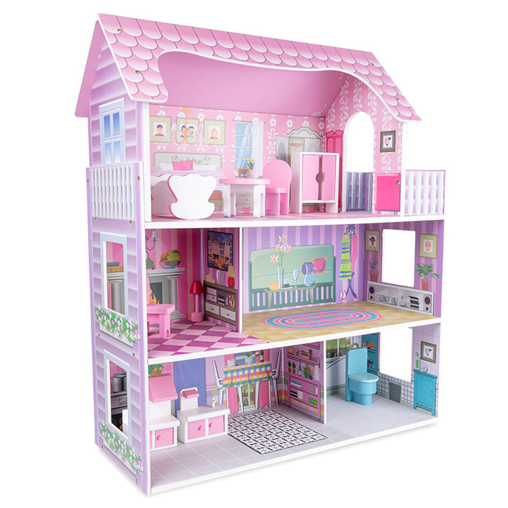 Little Story Wooden Dollhouse Triple Floor Castle Villa w/ Furniture and Accessories (Pink)