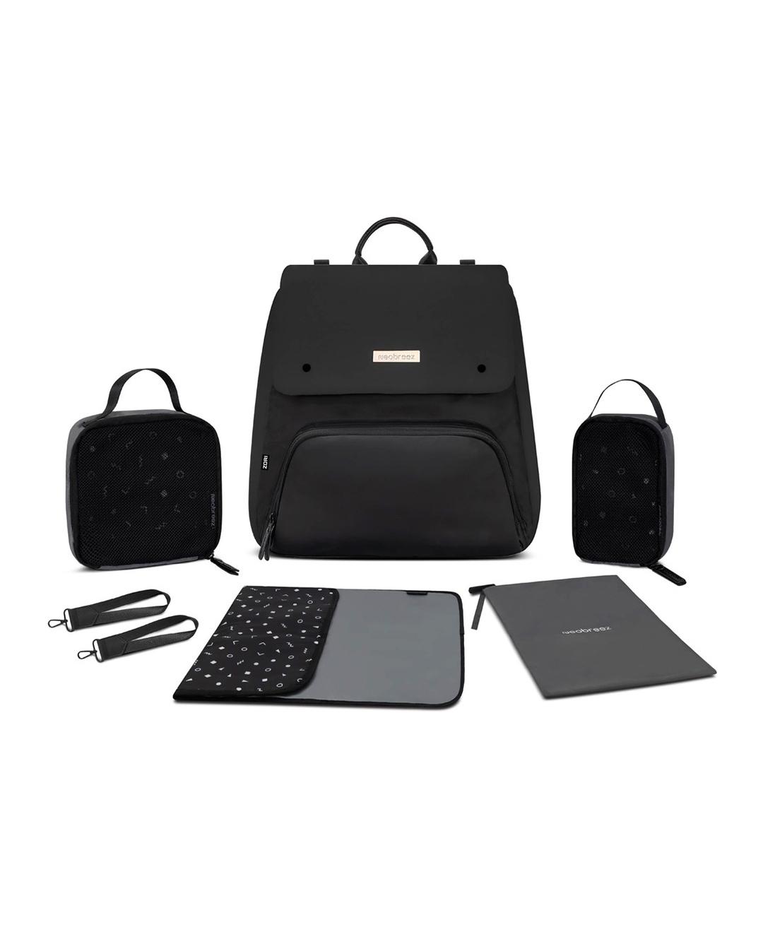 Neobreez Diaper Backpack With Changing Mat, Wet Bag, Pouches Set (Black)
