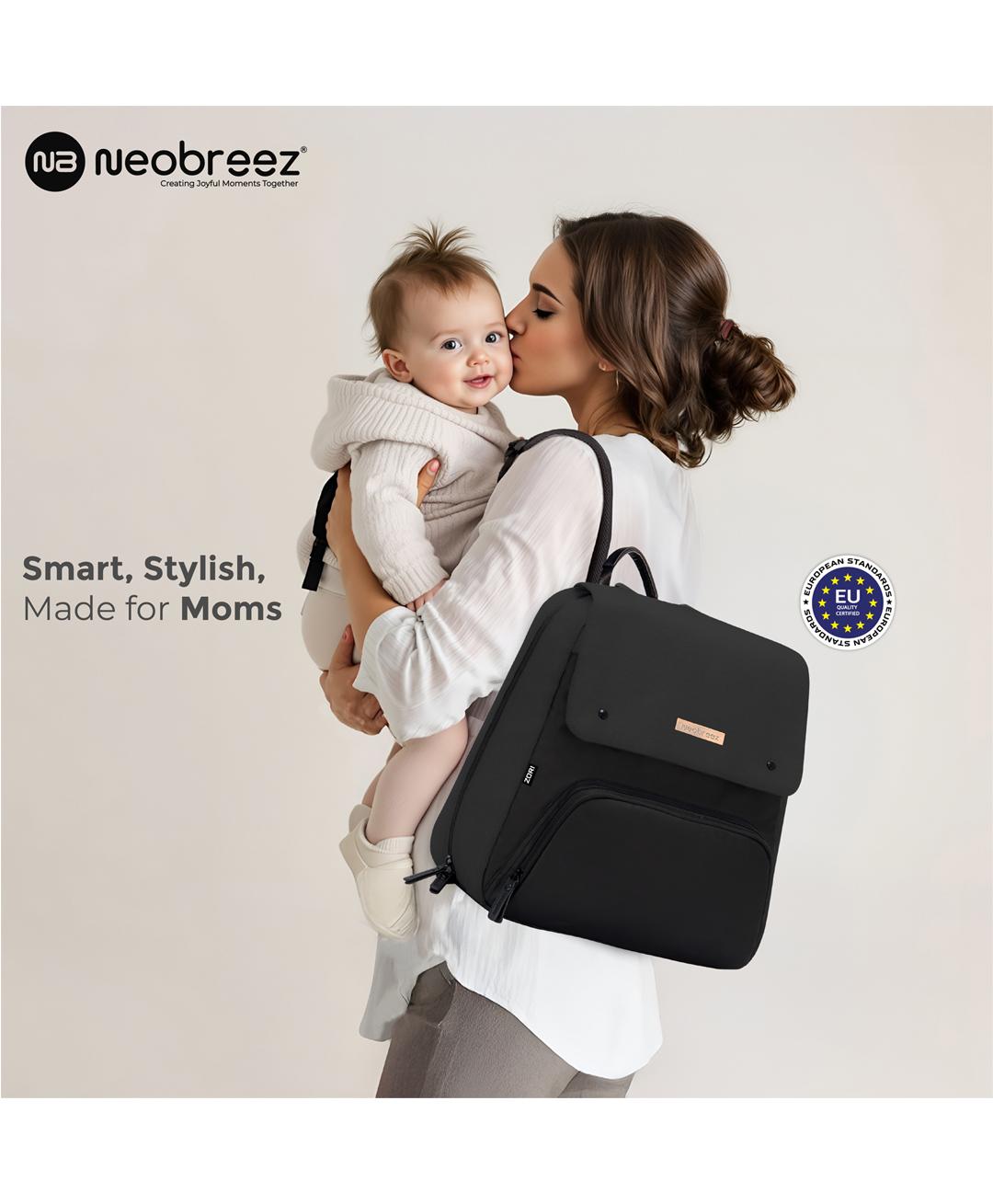 Neobreez Diaper Backpack With Changing Mat, Wet Bag, Pouches Set (Black)