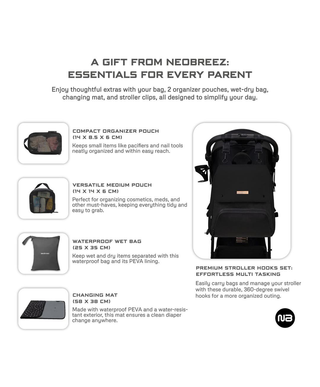Neobreez Diaper Backpack With Changing Mat, Wet Bag, Pouches Set (Black)
