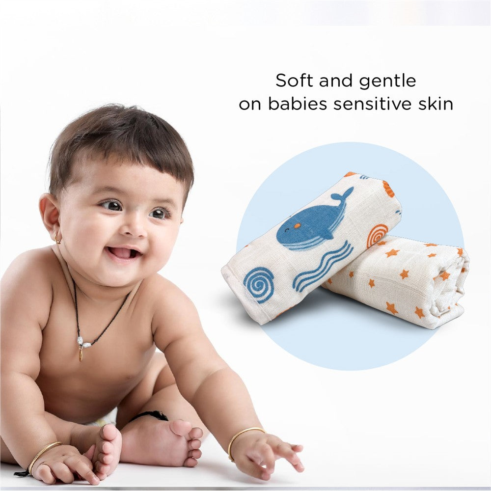 Nuluv Baby Burp Cloth (Blue Whale And Stars) - Pack of 2