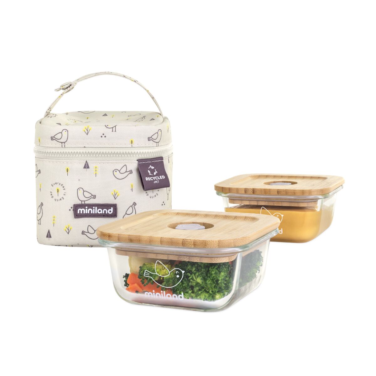 Miniland Eco Square Pack To Go With Thermal Bag and Glass Containers (Chick)