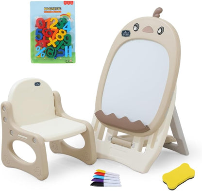 Little Story Drawing Board with Chair, Magnetic Numbers, 5 Color Pen and Sponge Eraser- Ivory