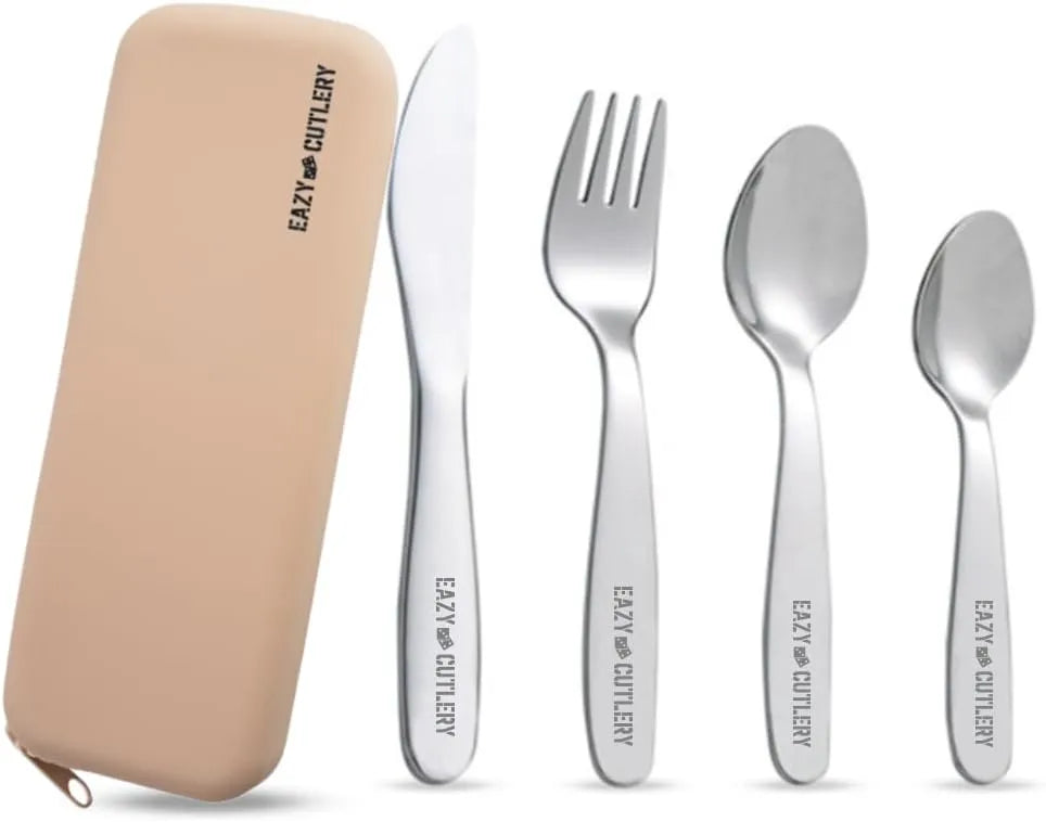 Eazy Kids Set of 4 Cutlery w/ Silicon Pouch (Spoon, Fork, Knife & Tea Spoon) w/ Silicon Pouch