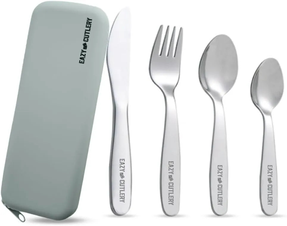 Eazy Kids Set of 4 Cutlery w/ Silicon Pouch (Spoon, Fork, Knife & Tea Spoon) w/ Silicon Pouch