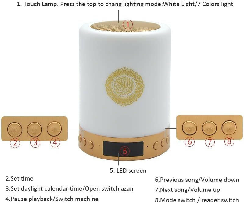 Telawah Quran Speaker with Remote Control,Portable LED Bluetooth Touch Cube MP3 Music Player Night Light Rechargeable Speaker