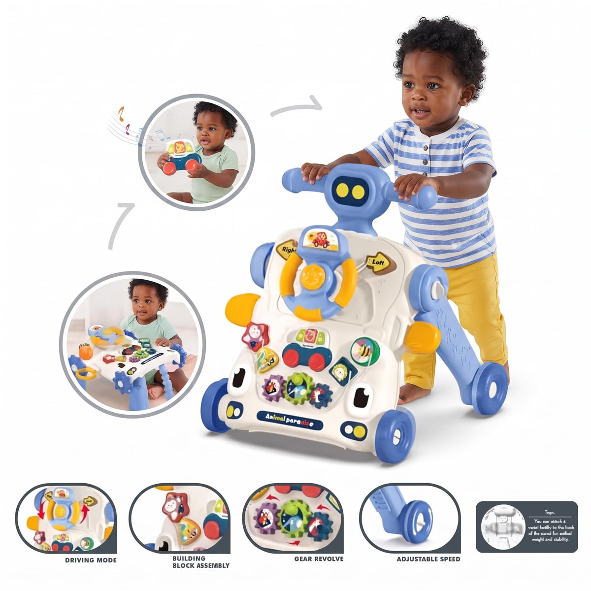 Teknum - 3-in-1 Baby Walker with Musical Keyboard, Learning Table & Activity Panel - Blue