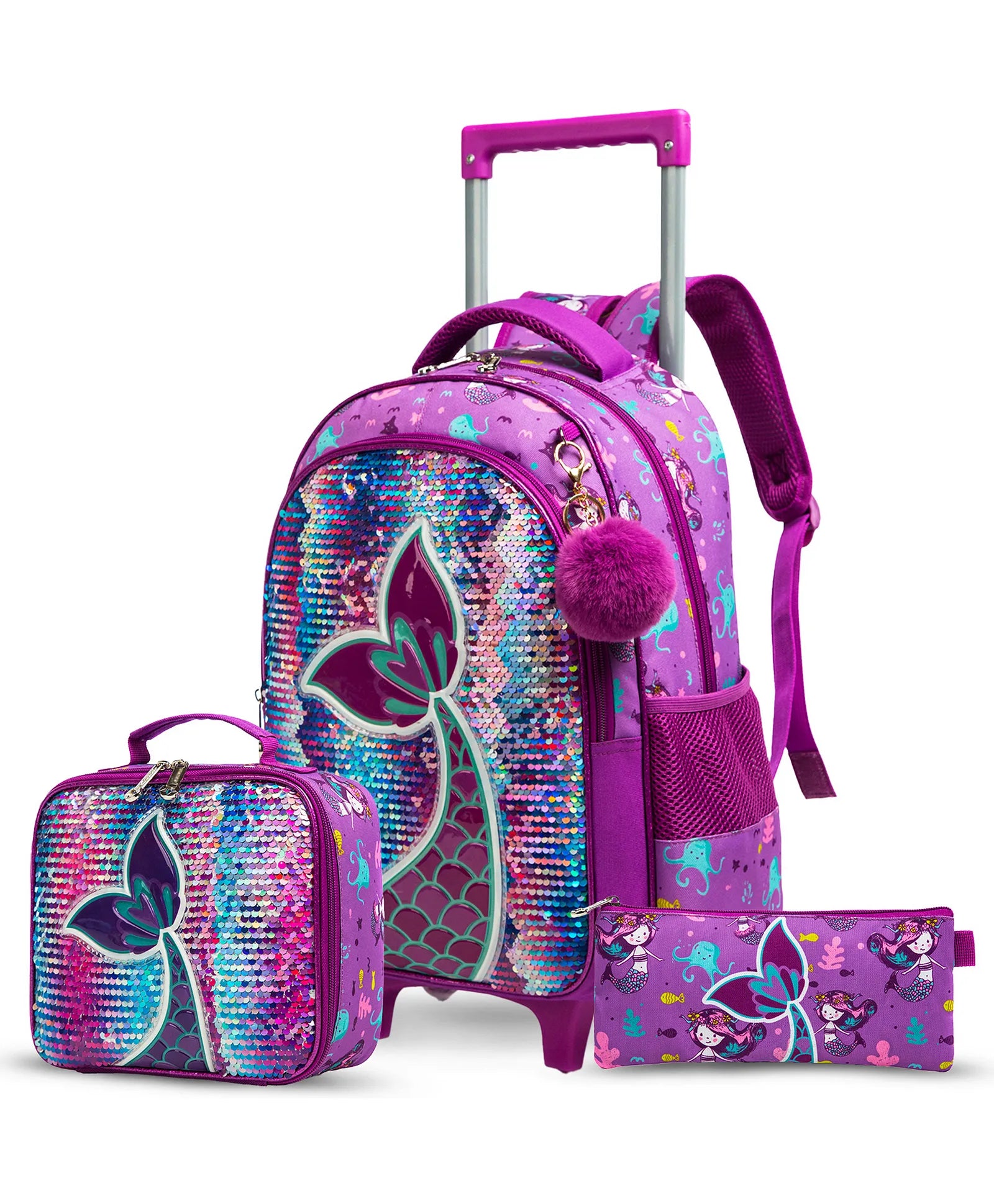 Eazy Kids Set of 3 Trolley School Bag Lunch Bag & Pencil Case (Mermaid Purple)
