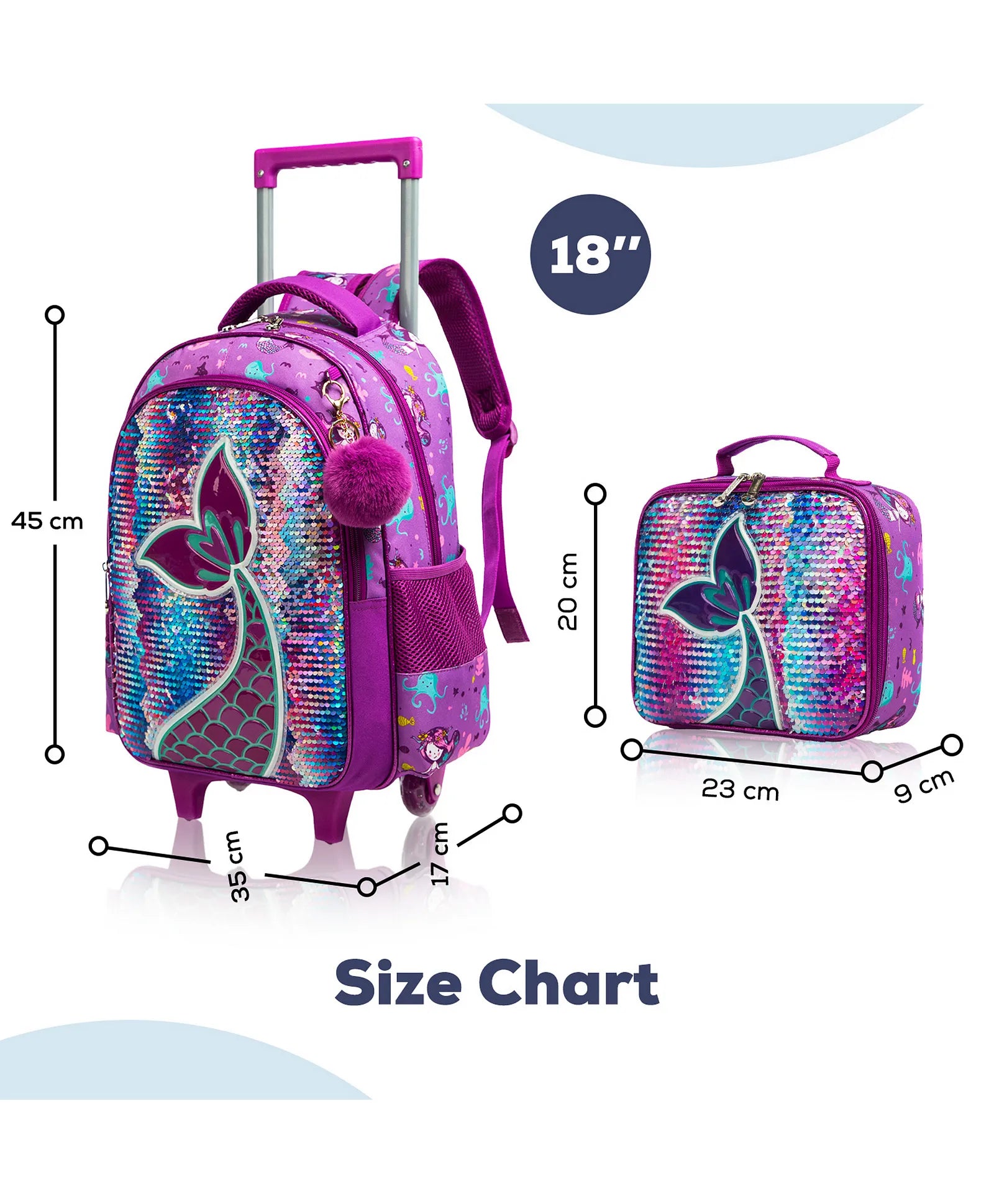 Eazy Kids Set of 3 Trolley School Bag Lunch Bag & Pencil Case (Mermaid Purple)