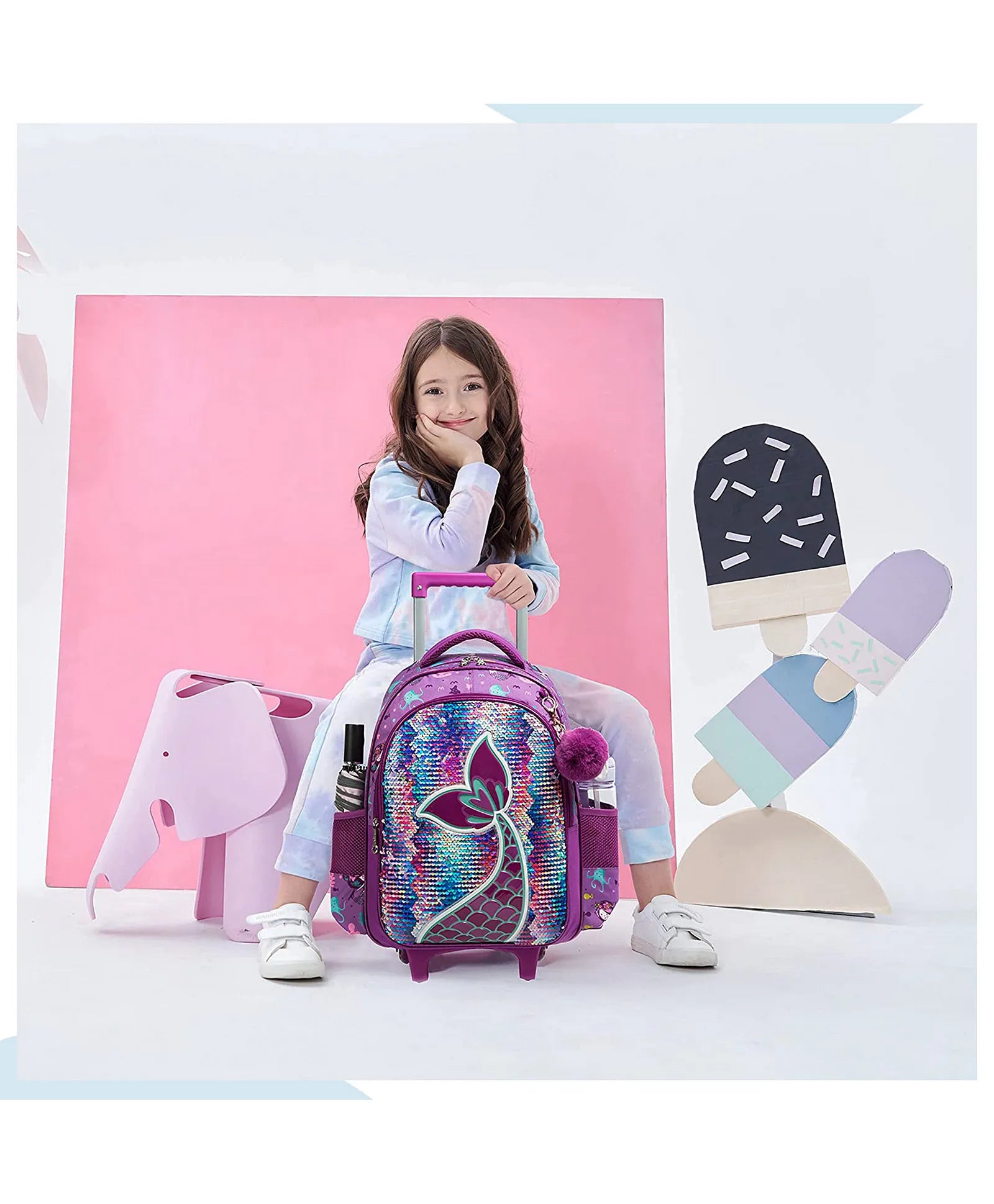 Eazy Kids Set of 3 Trolley School Bag Lunch Bag & Pencil Case (Mermaid Purple)