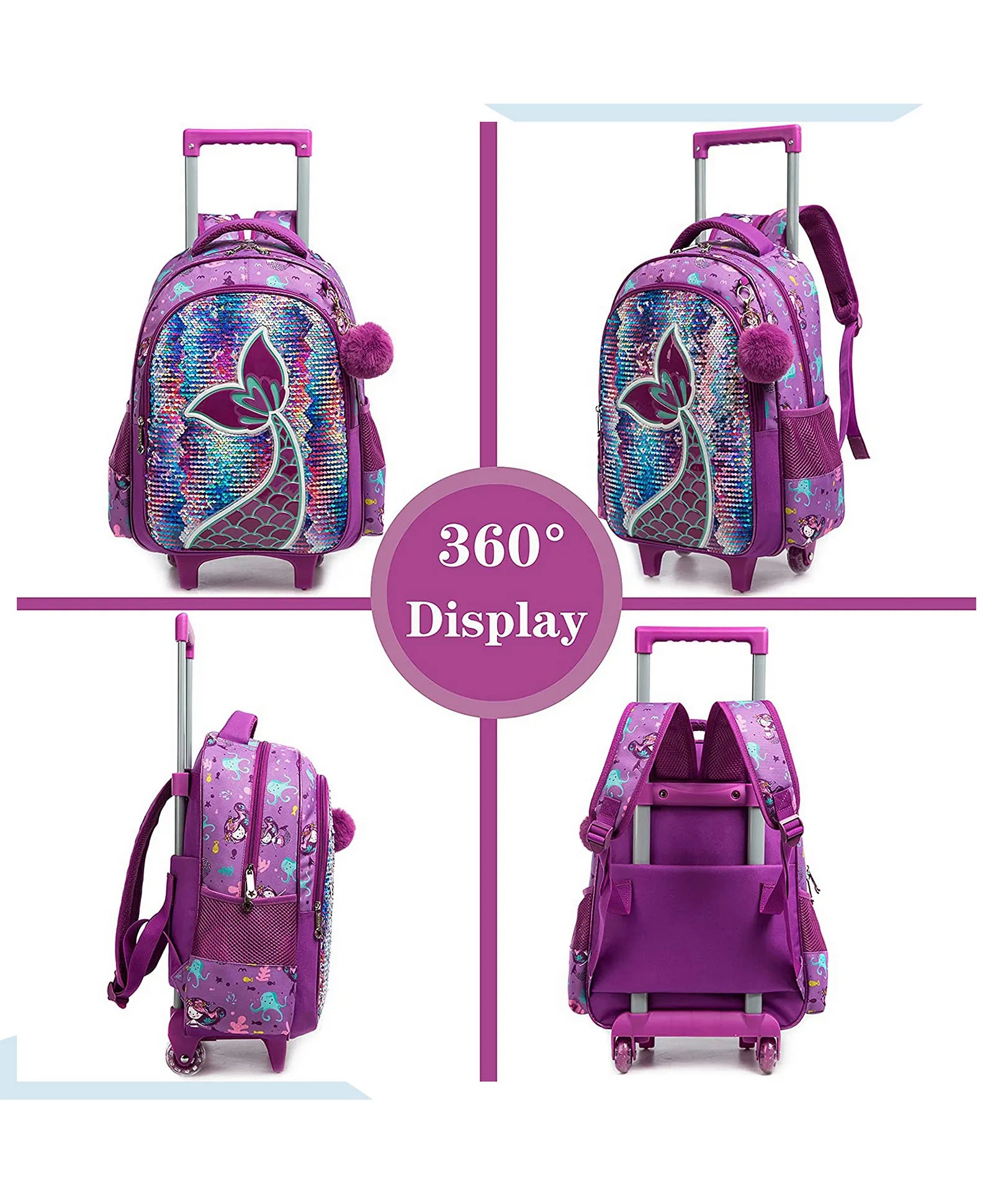Eazy Kids Set of 3 Trolley School Bag Lunch Bag & Pencil Case (Mermaid Purple)