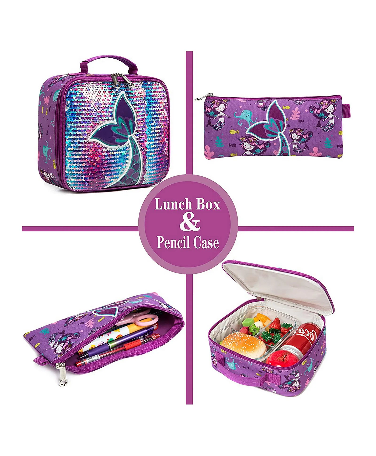 Eazy Kids Set of 3 Trolley School Bag Lunch Bag & Pencil Case (Mermaid Purple)