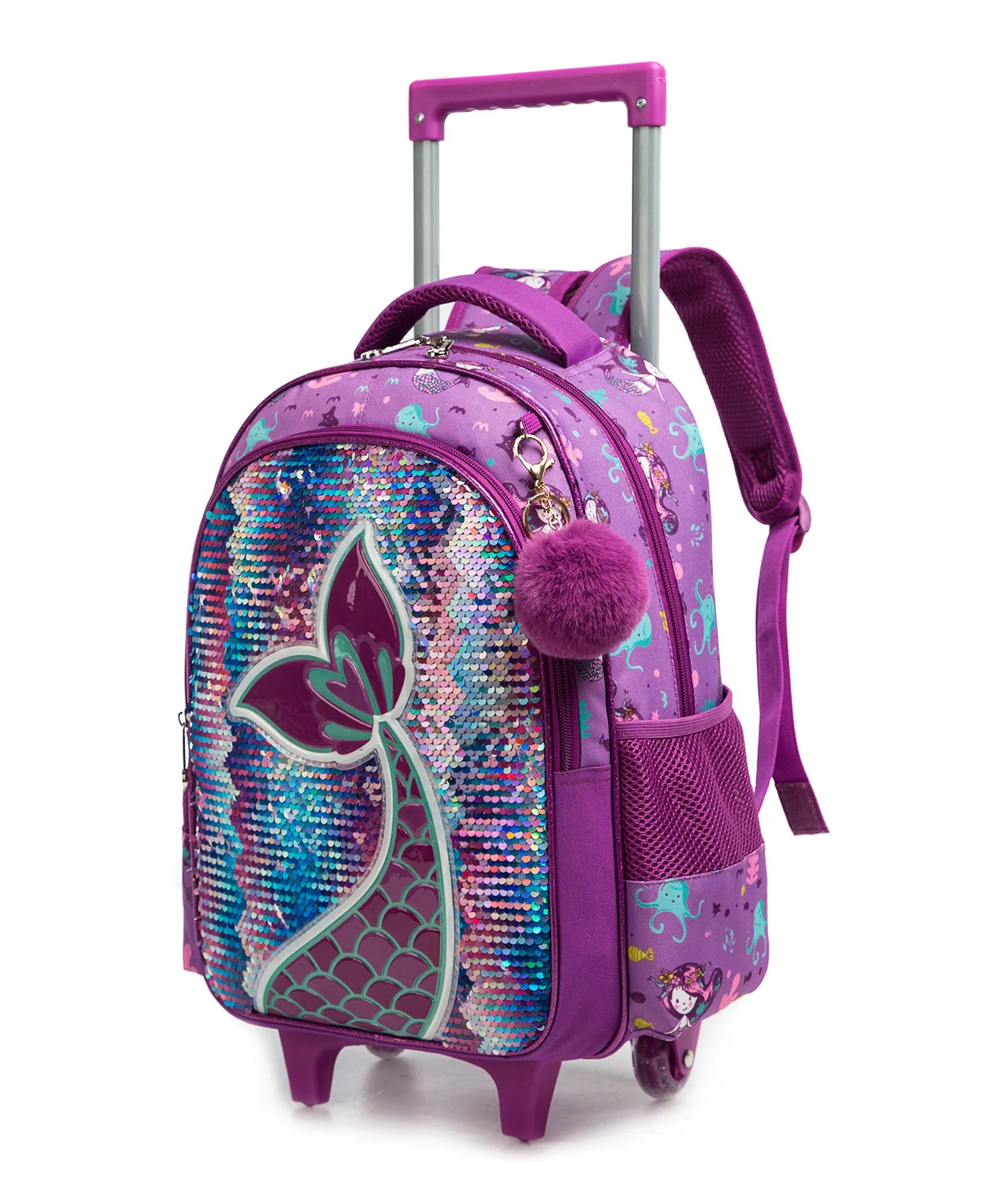 Eazy Kids Set of 3 Trolley School Bag Lunch Bag & Pencil Case (Mermaid Purple)