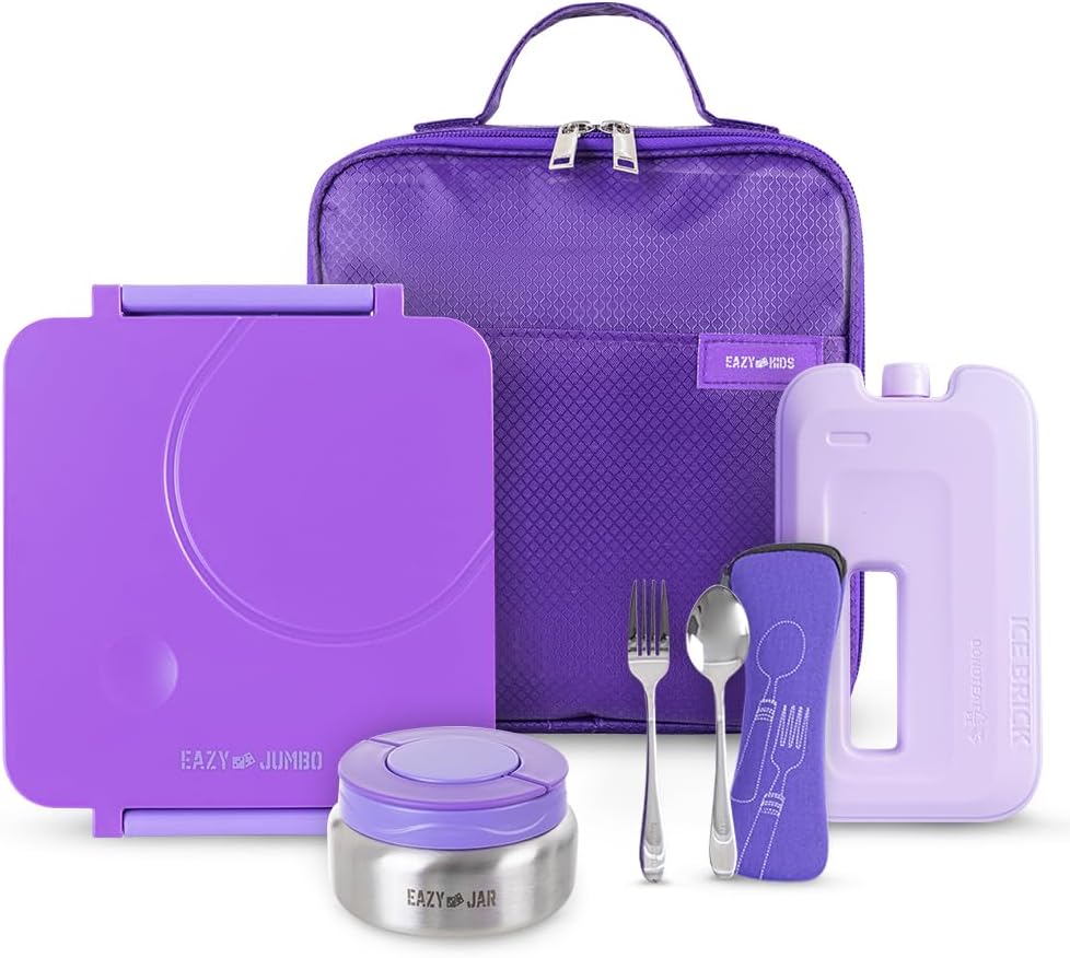 Eazy Kids Jumbo Bento Lunch Box Set w/ Steel Food Jar, Ice Pack & Insulated Lunch Bag