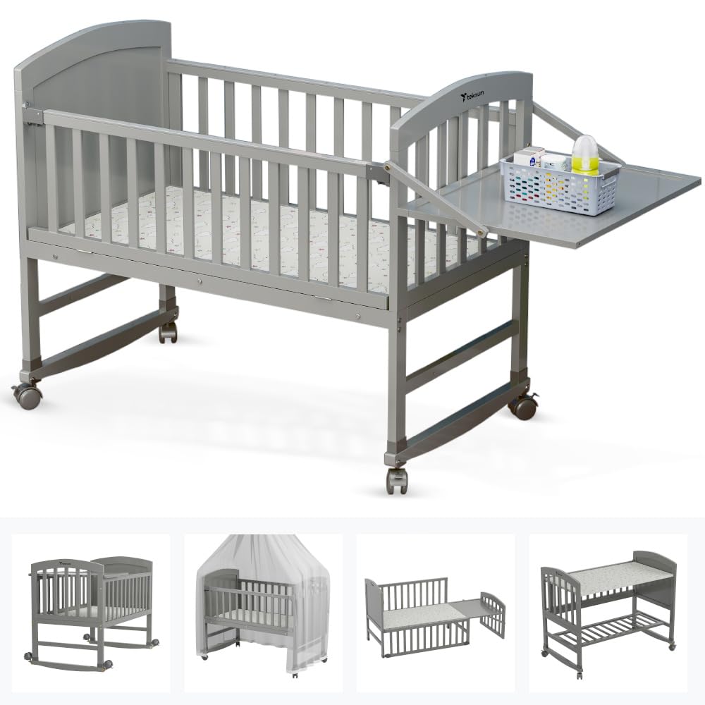 Teknum 7-in-1 Convertible Kids Bed & Bedside Crib with Mattress, Mosquito Net & Detachable Wheels