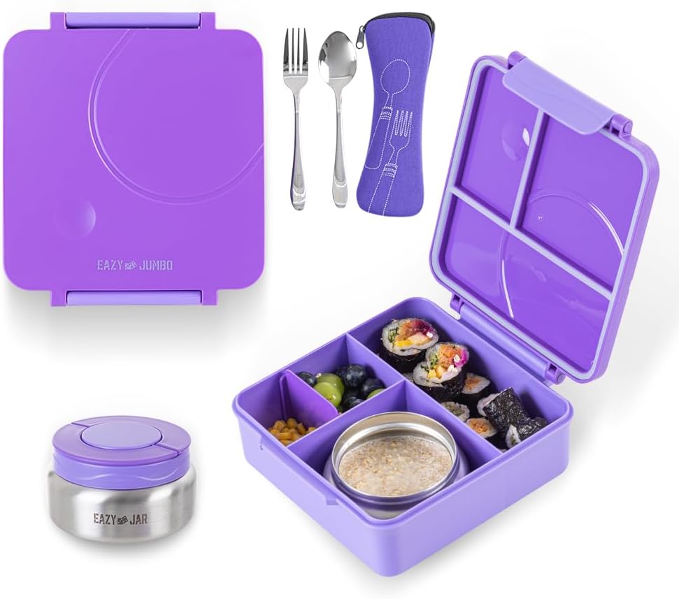 Eazy Kids Jumbo Bento Lunch Box Set w/ Steel Food Jar, Ice Pack & Insulated Lunch Bag