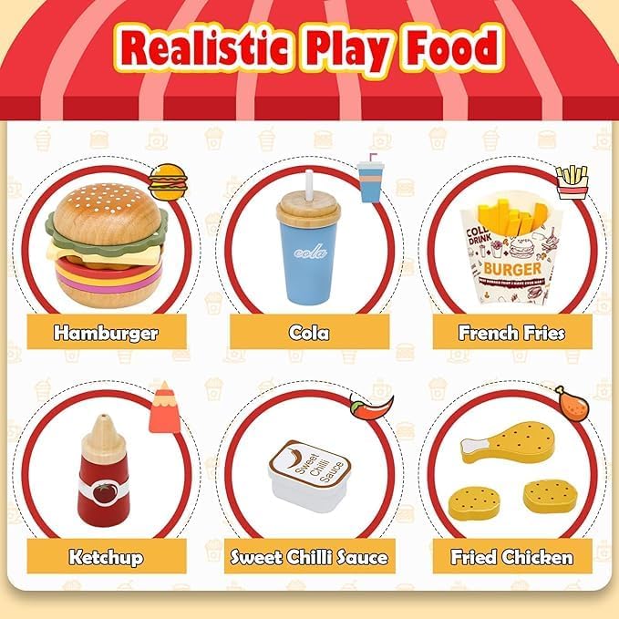 Little Angel Kids Wooden Fast Food Burger Restaurant Play Set.