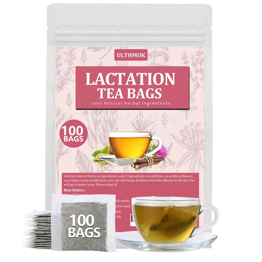 Premium 100 Lactation Support Tea Bags, for Mothers Nursing Milk & Mom Breastfeeding, Made with 5 Natural Herbs, Fenugreek, Milk Thistle, Fennel Seeds, Nettle Leaves, Licorice Root, No Artificial Flavors & Caffeine Free.  100 Count