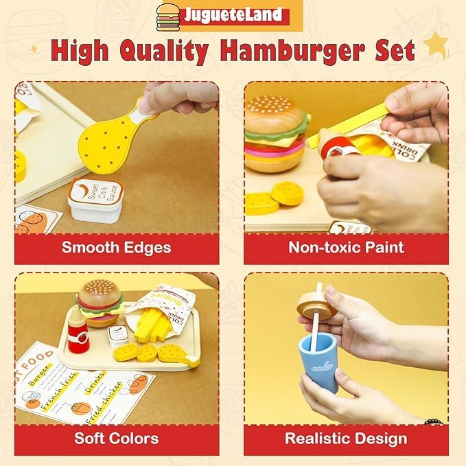 Little Angel Kids Wooden Fast Food Burger Restaurant Play Set.