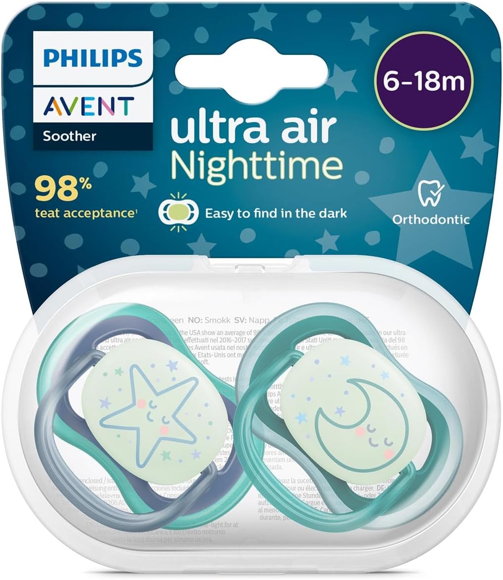Philips Avent Soother Anti Colic Teats Glow In The Dark (Boy, 6-18 Months) - Pack of 2