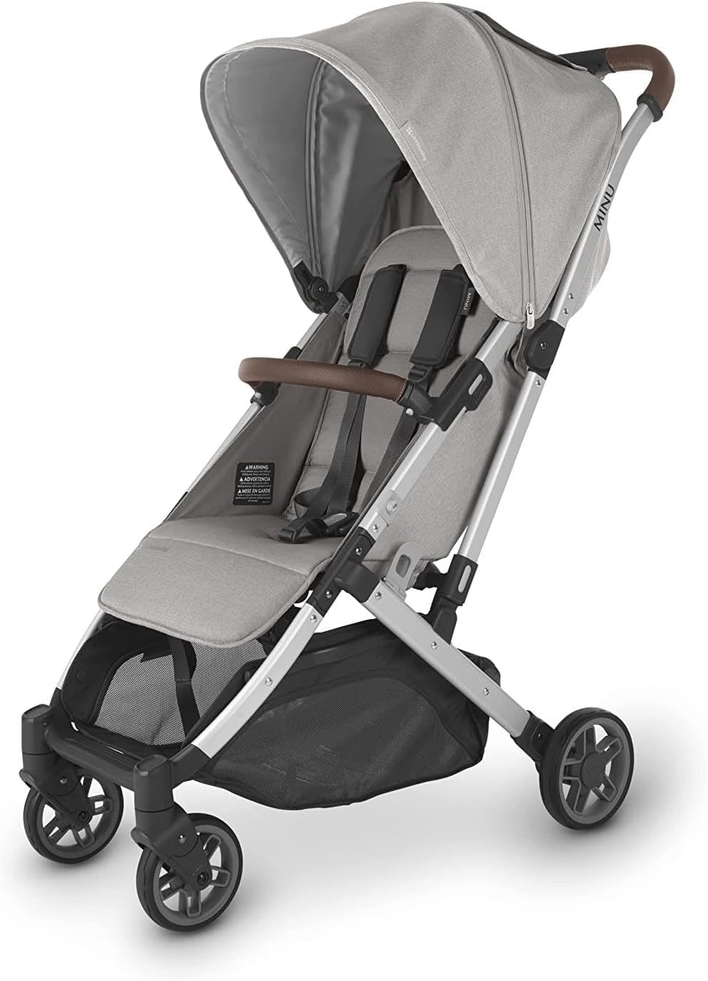 عربة أطفال مينو V2 من UPPAbaby - عربة سفر خفيفة الوزن ومدمجة، ستيلا - رمادي ممزوج بإطار فضي وجلد بني كستنائي، تصميم أنيق وسهل الحمل