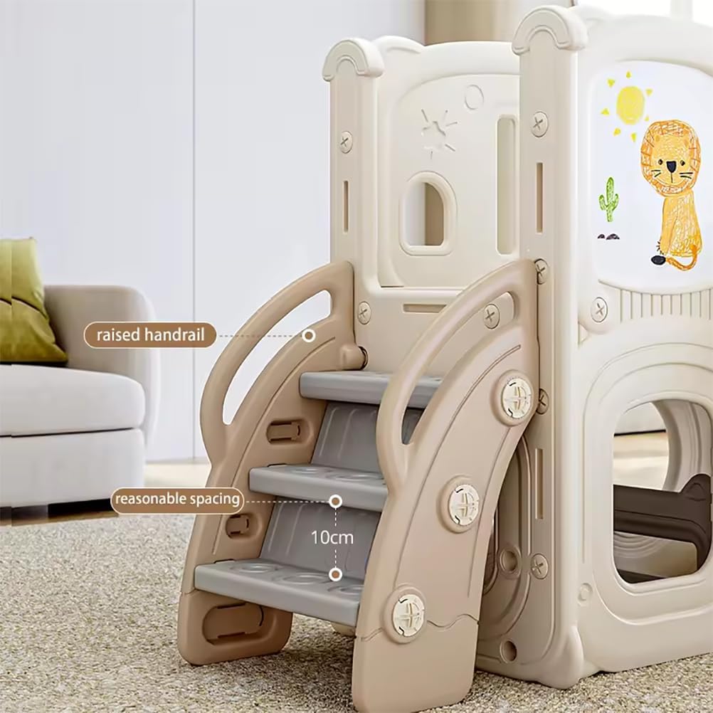 Little Toddlers Playground With Climber, Upper Deck Lower Storage, Drawing Board, Slide And Height Adjust Swing Set, Cofee Off White)