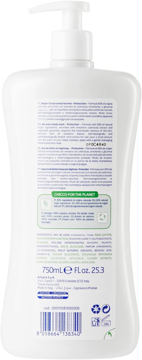 Chicco Baby Moments Body Wash No-Tears Protection For Skin, 750ml