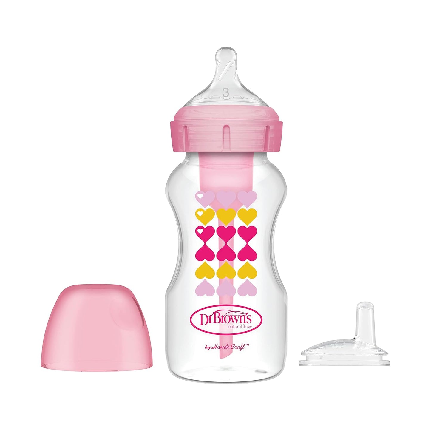 زجاجة د. براونز Options+ مضادة للمغص واسعة العنق مع كوب تدريب وحلمة مستوى 3 داخل الزجاجة (270ml)