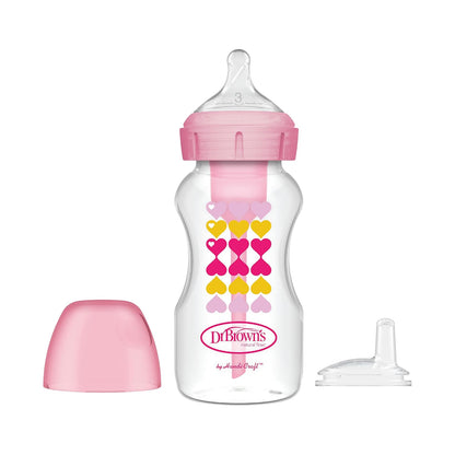 زجاجة د. براونز Options+ مضادة للمغص واسعة العنق مع كوب تدريب وحلمة مستوى 3 داخل الزجاجة (270ml)