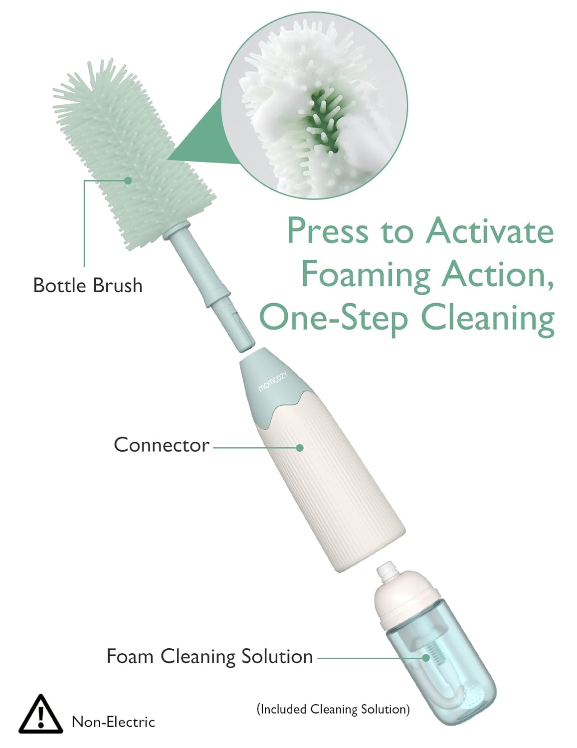 Momcozy Bottle Brush Kit, Innovative Push-Press Design for Better Cleaning, Green