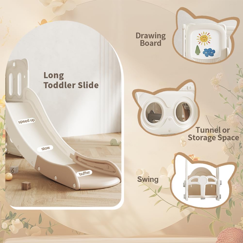 Little Toddlers Playground With Climber, Upper Deck Lower Storage, Drawing Board, Slide And Height Adjust Swing Set, Cofee Off White)