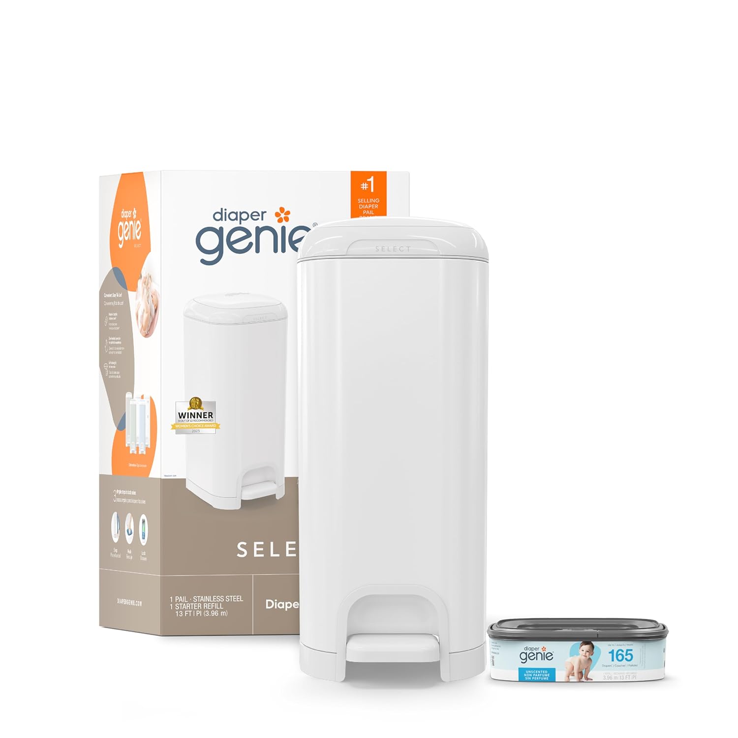 Diaper Genie Select Odor Lock Stainless Steel (Pail White)