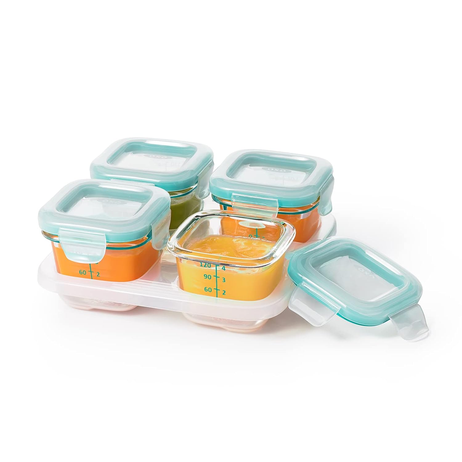 OXO Tot Glass Baby Blocks Food Storage Containers, Teal, 4oz