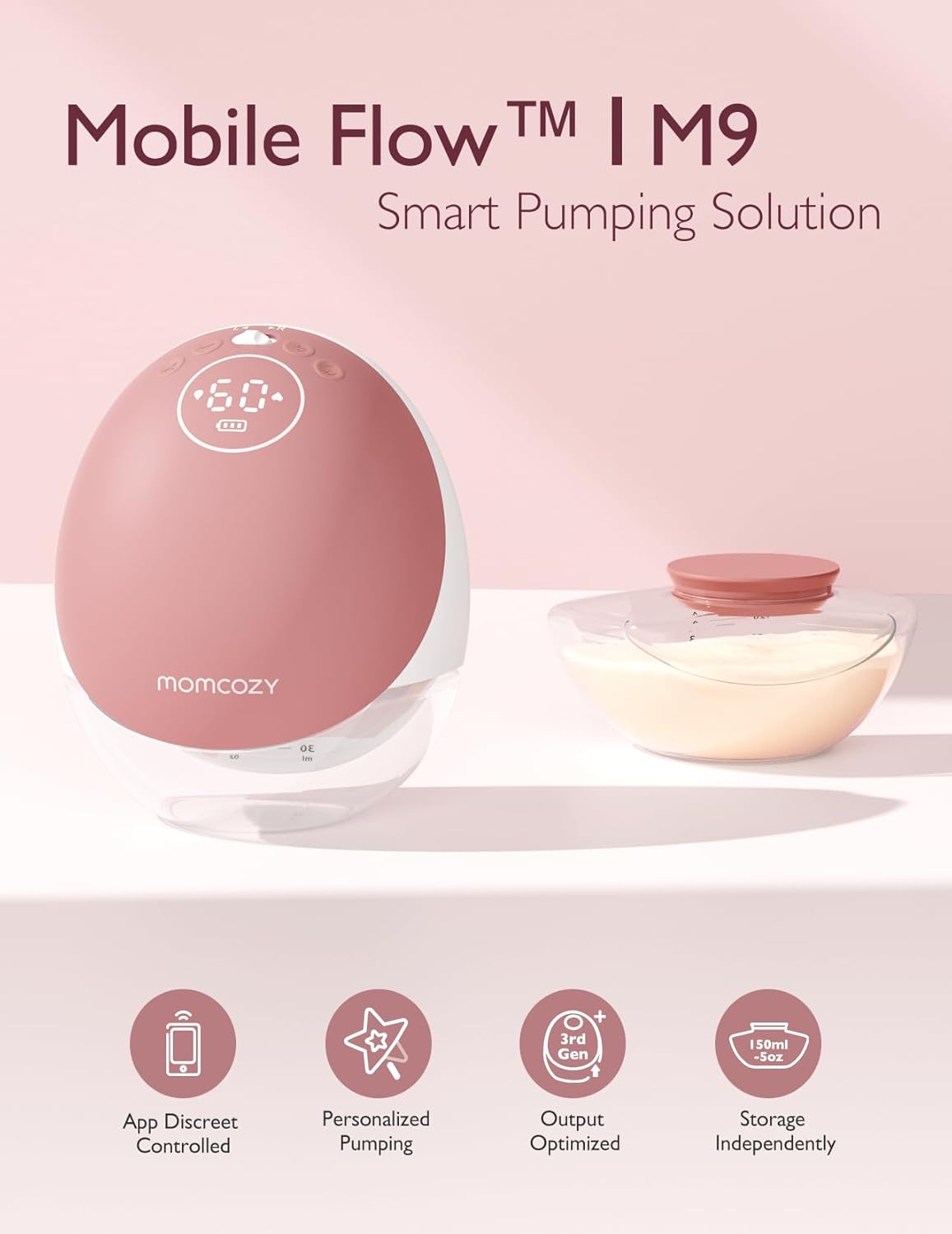 Momcozy Mobile Flow Wearable Breast Pump M9, Mobile App Controlled - Cozy Red