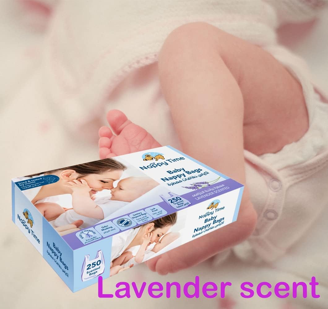 Nappy Time أكياس حفاضات الأطفال، برائحة الخزامى، 250 قطعة