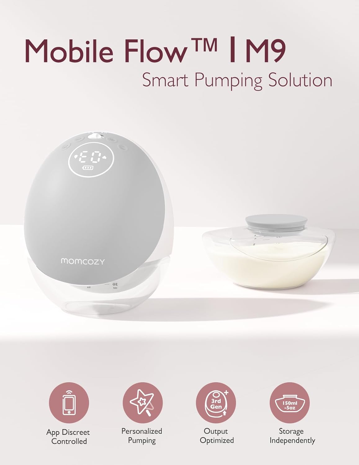 Momcozy Mobile Flow Wearable Breast Pump M9, Mobile App Controlled - Grey