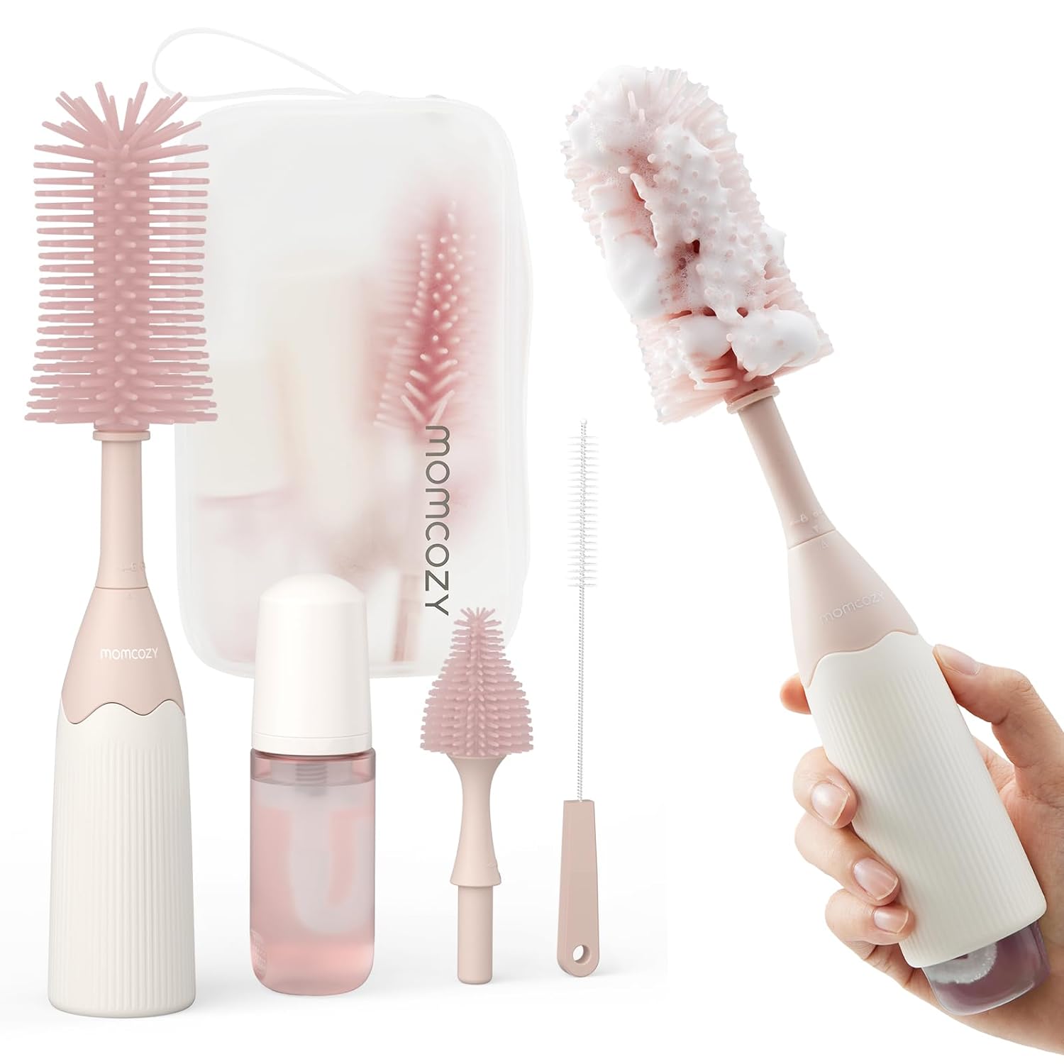 Momcozy Bottle Brush Kit, Innovative Push-Press Design for Better Cleaning, Pink