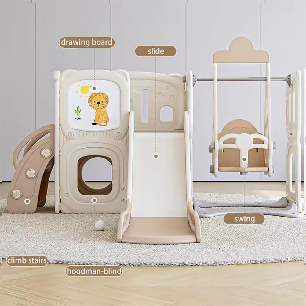 Little Toddlers Playground With Climber, Upper Deck Lower Storage, Drawing Board, Slide And Height Adjust Swing Set, Cofee Off White)