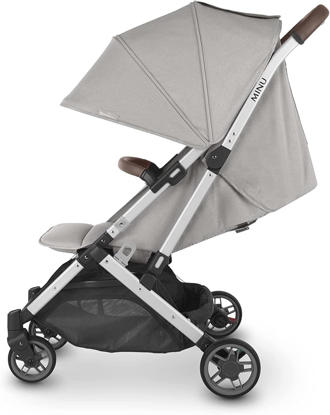 عربة أطفال مينو V2 من UPPAbaby - عربة سفر خفيفة الوزن ومدمجة، ستيلا - رمادي ممزوج بإطار فضي وجلد بني كستنائي، تصميم أنيق وسهل الحمل