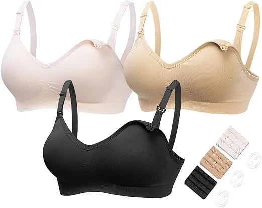 Hofish Maternity Nursing Bra for Breastfeeding Pregnancy Deep V Neck Wireless Bra with Extenders & Clips - Pack of 3