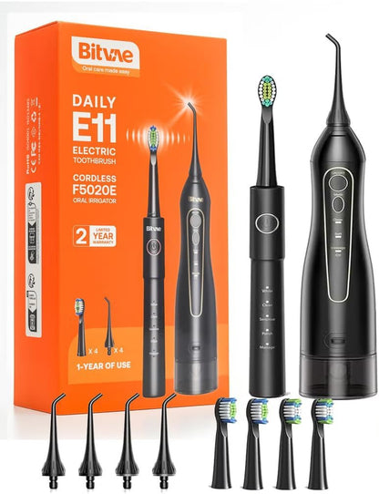 Bitvae E11 Electric Toothbrush + Water Flosser Black + 4pcs Replacement Heads + 4pc Replacement Tip