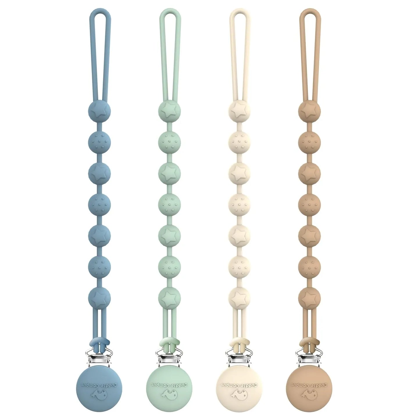Cuddle Campus Silicone Pacifier Clip Holder One Piece Design Unisex - 4 Pack (6 Months+)