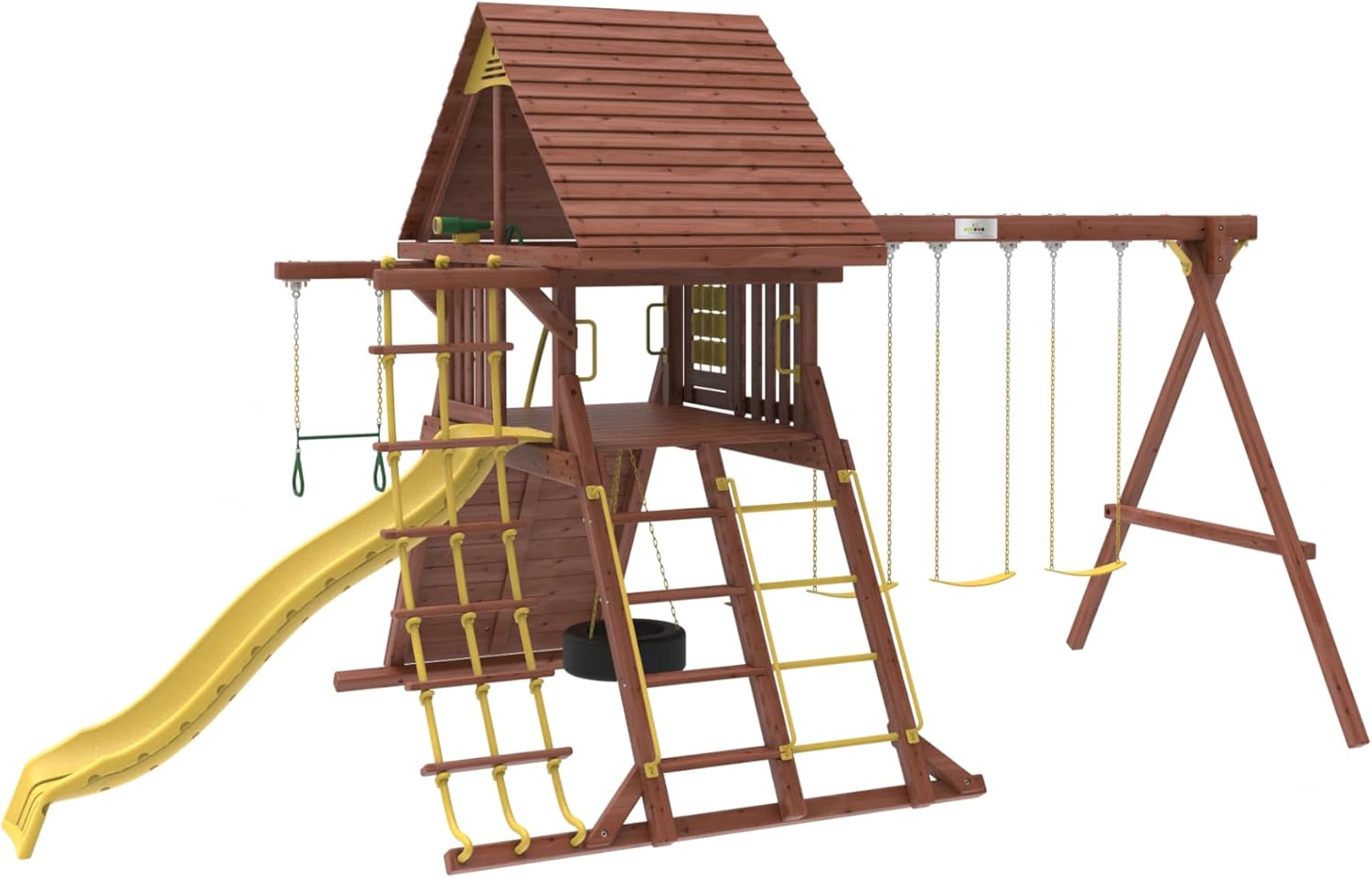 Kiddoro Discovery Den with Monkey Bar Swing Set (652.7 cm x 322.5 cm x 243.8 cm)