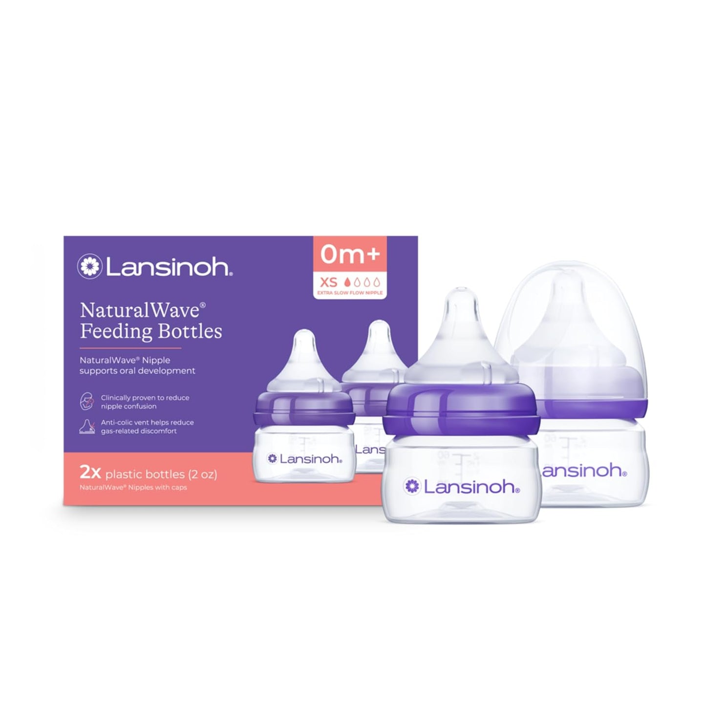Lansinoh Anti-Colic Baby Bottles for Breastfeeding Babies, 2 Ounces, 2 Count, with 2 Extra Slow Newborn Flow Nipples (Size XS)