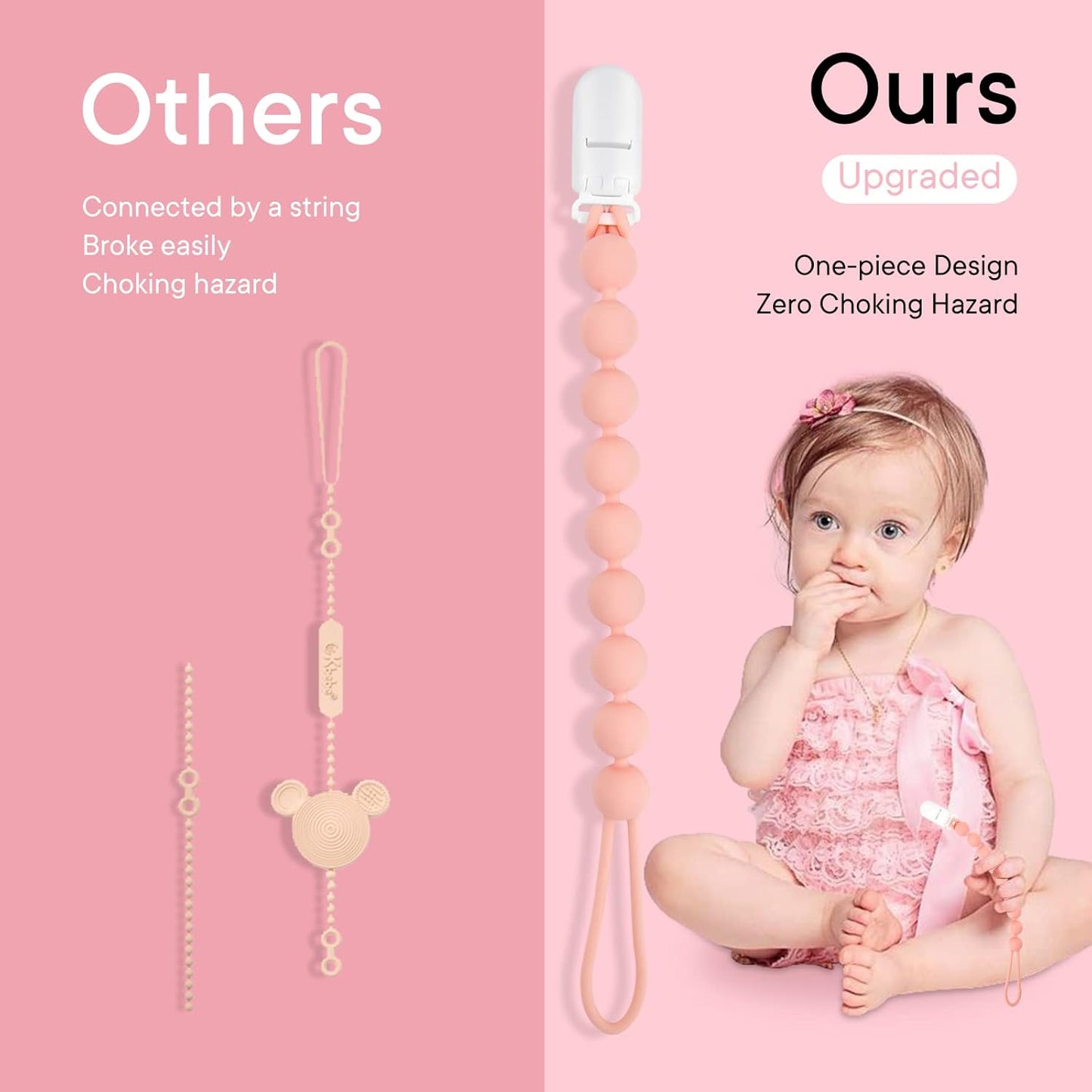 Silicone Pacifier Clip Holder for Girl, 4 Pack, Pink