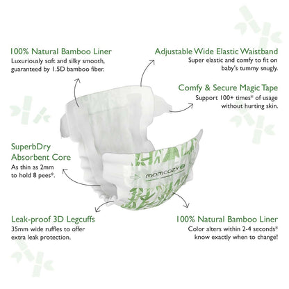 Momcozy Baby Diapers, Natural Bamboo Diapers for Sensitive Skin with Leak-Proof 3D Legcuffs.