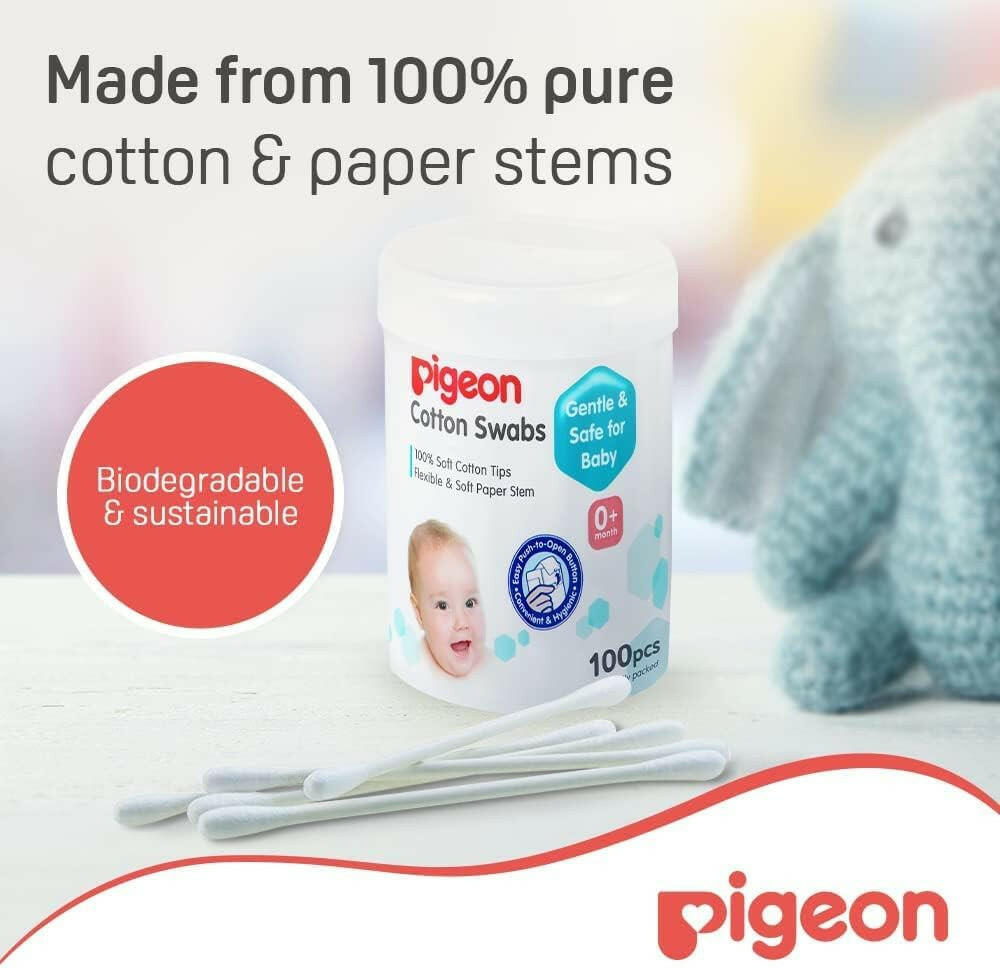 Pigeon Cotton Swabs, Flexible And Soft Paper Stem, 100% Soft Cotton Tips, 100pcs