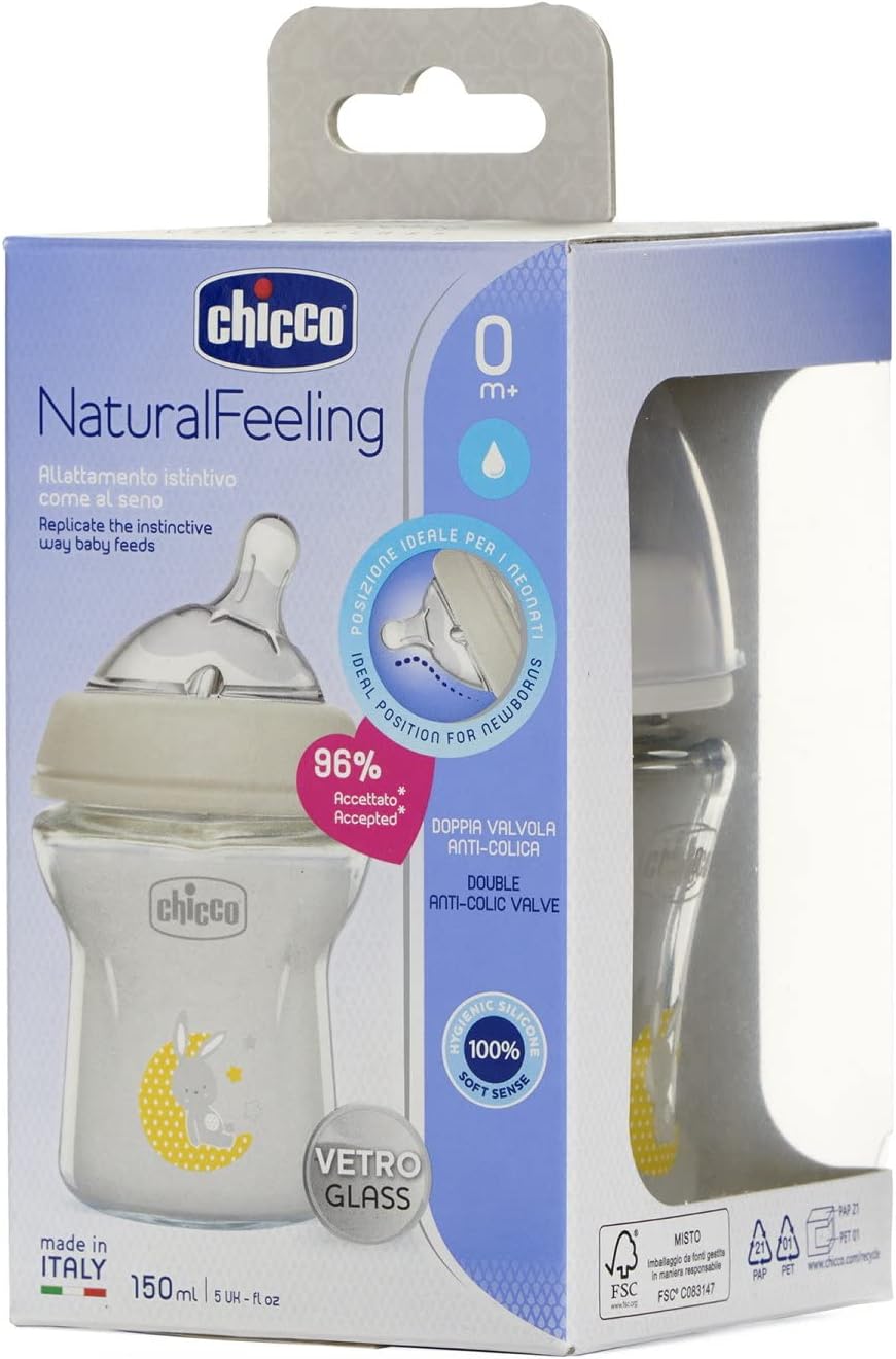 Chicco New Natural Feeling Glass Bottle 0M+ - 150ML.